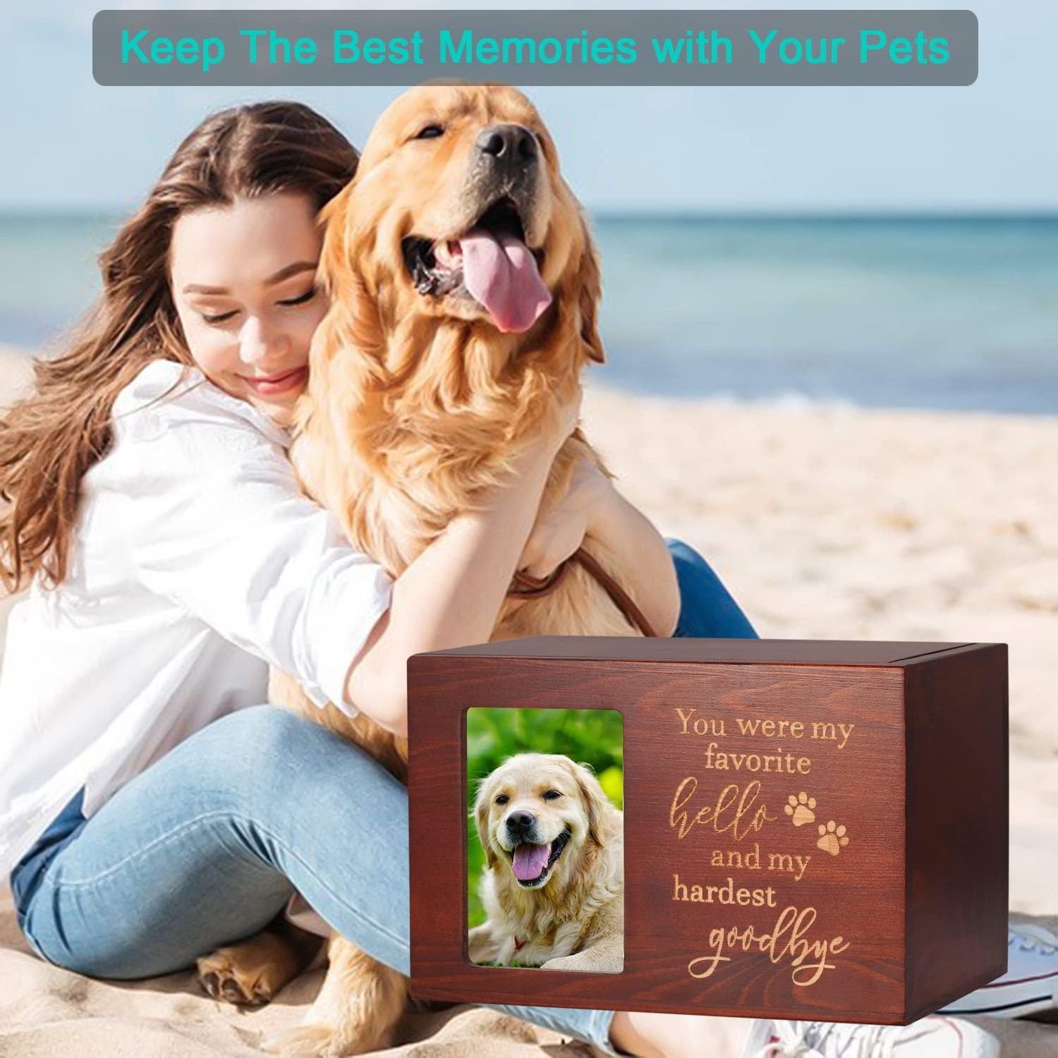 Pet Memorial Urns for Dog or Cat Ashes, Large Wooden Funeral Cremation Urns with Photo Frame, Memorial Keepsake Memory Box