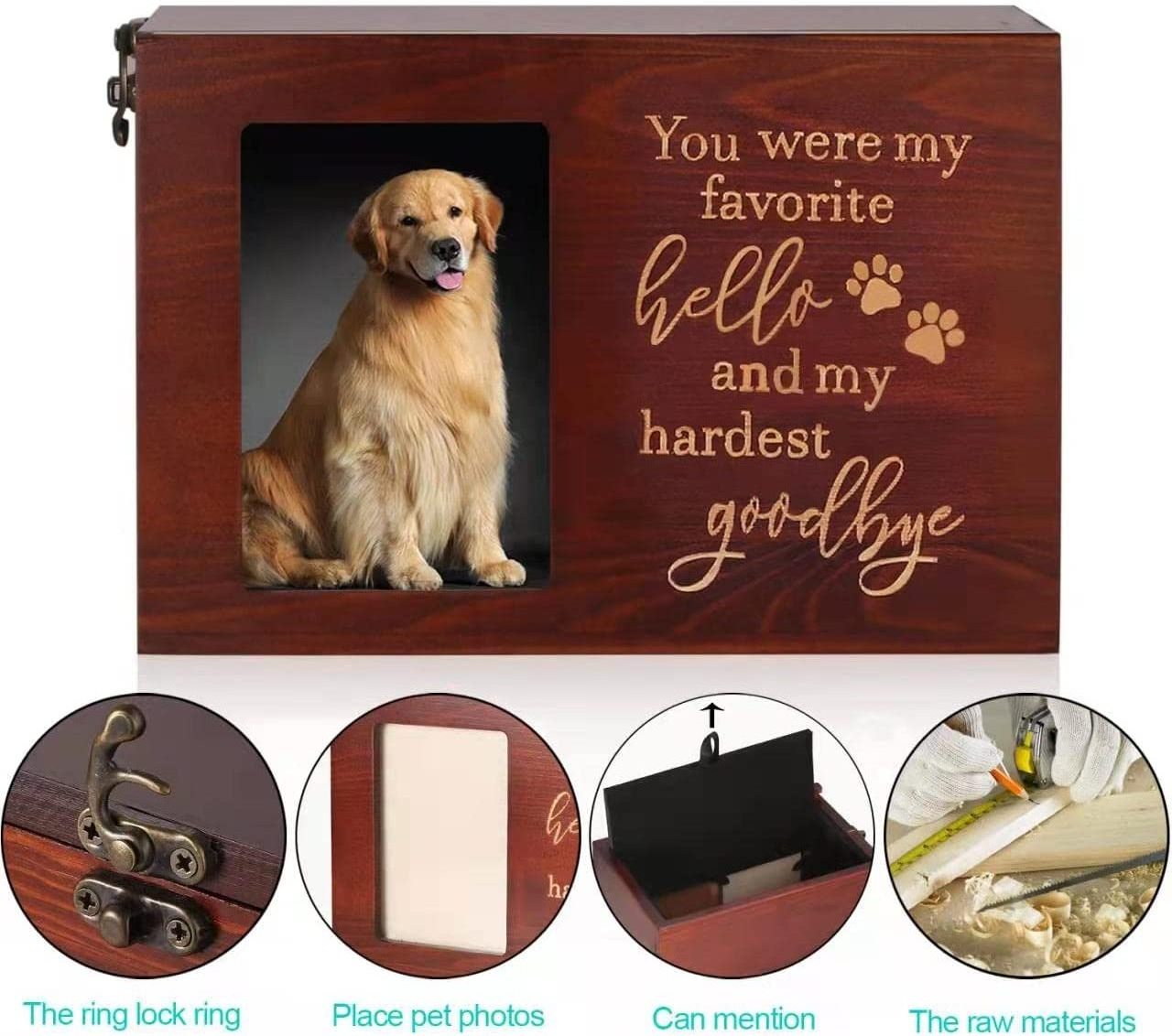 Pet Memorial Urns for Dog or Cat Ashes, Large Wooden Funeral Cremation Urns with Photo Frame, Memorial Keepsake Memory Box