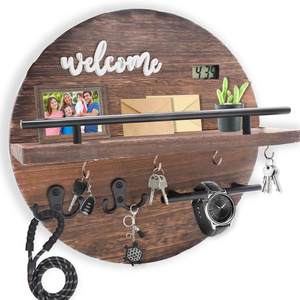 Key Holder for Wall Decorative - Round Wooden Key Holder Wall Mount With Shelf And Hooks Key Rack Organizer for Entryway