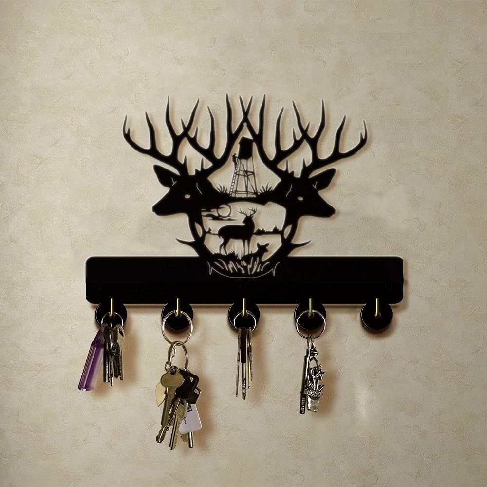 Key Hangers for Wall,Deer Key Hooks for Wall,Black Wooden Antlers Key Rack Organizer for Wall Decorative Christmas Deer