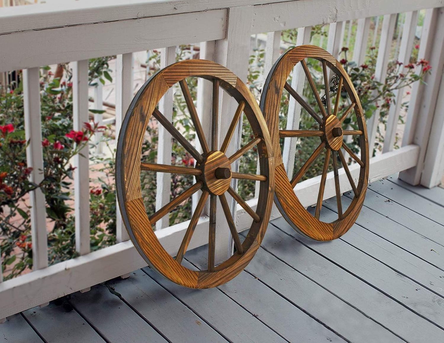 24 in. Steel-Rimmed Wooden Wagon Wheels - Decorative Wall Decor, Set of Two