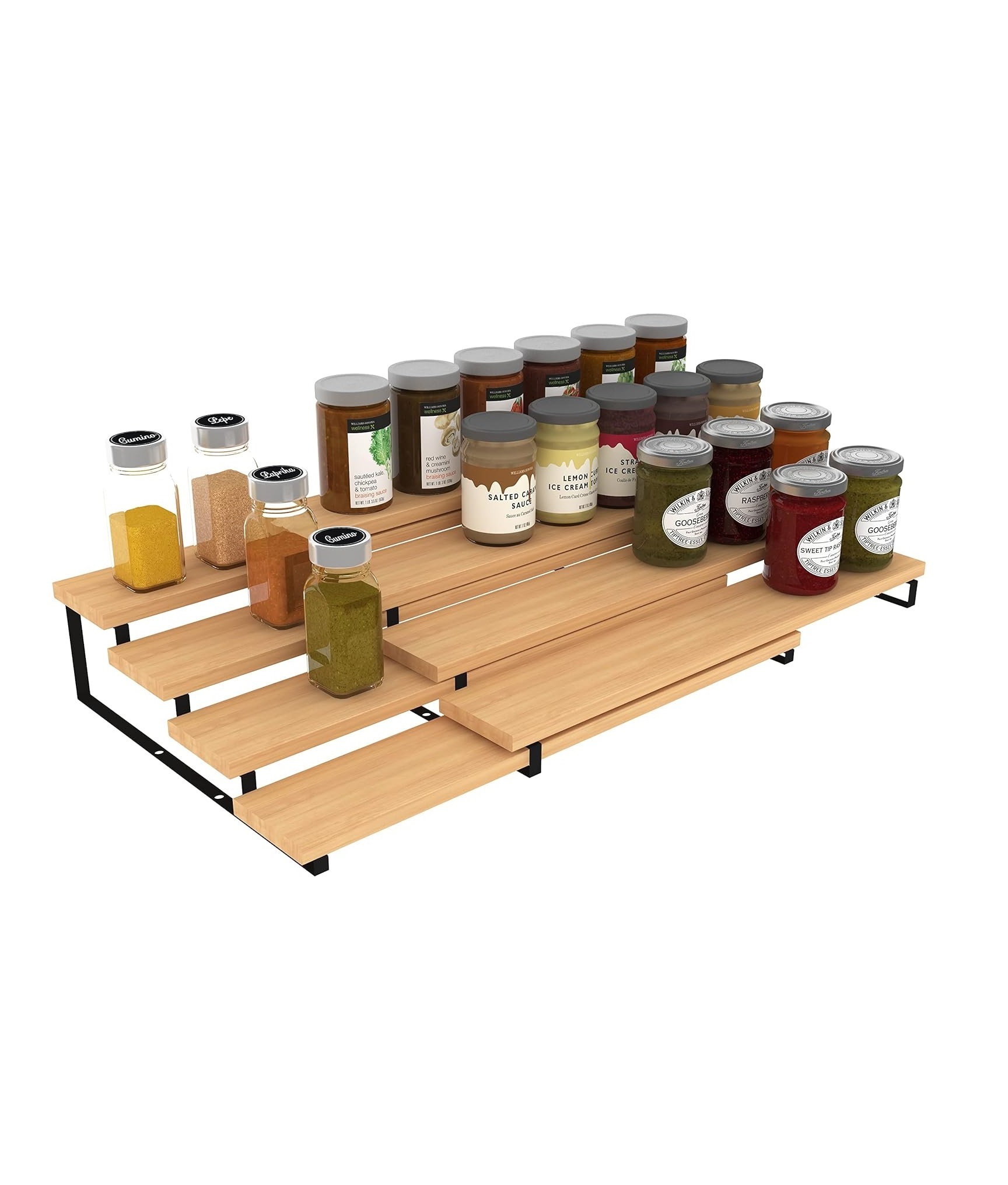 4 Tier Expandable Bamboo Spice Rack Cabinet Step Shelf Organizer for Kitchen Pantry Countertop Cupboard