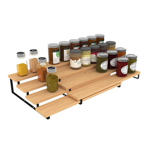 4 Tier Expandable Bamboo Spice Rack Cabinet Step Shelf Organizer for Kitchen Pantry Countertop Cupboard