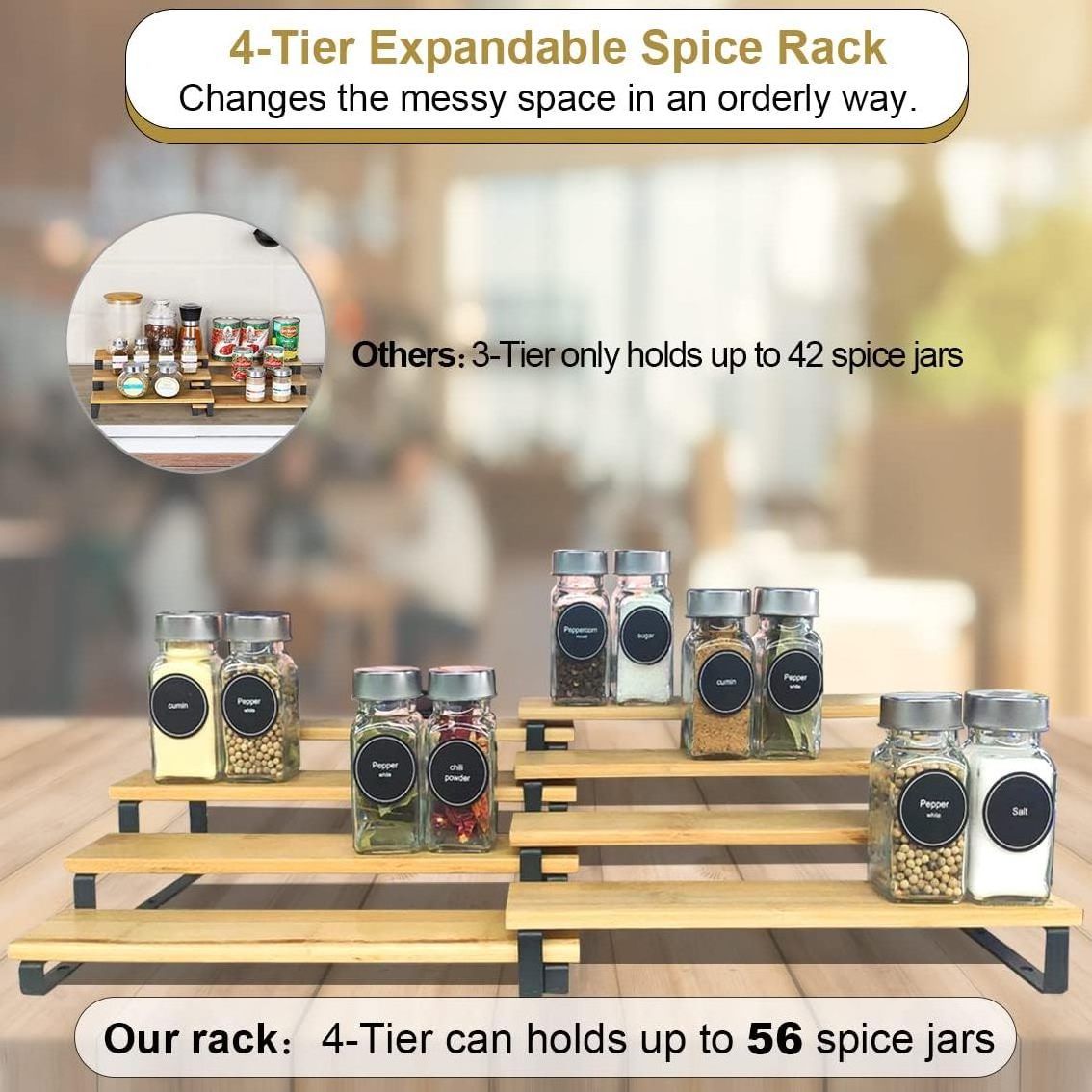 4 Tier Expandable Bamboo Spice Rack Cabinet Step Shelf Organizer for Kitchen Pantry Countertop Cupboard