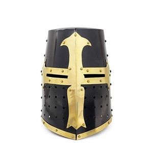 Medieval Knight Crusader Templar Helmet Black Mason Brass Cross With Liner | Halloween Party Costume Face Mask Helmets