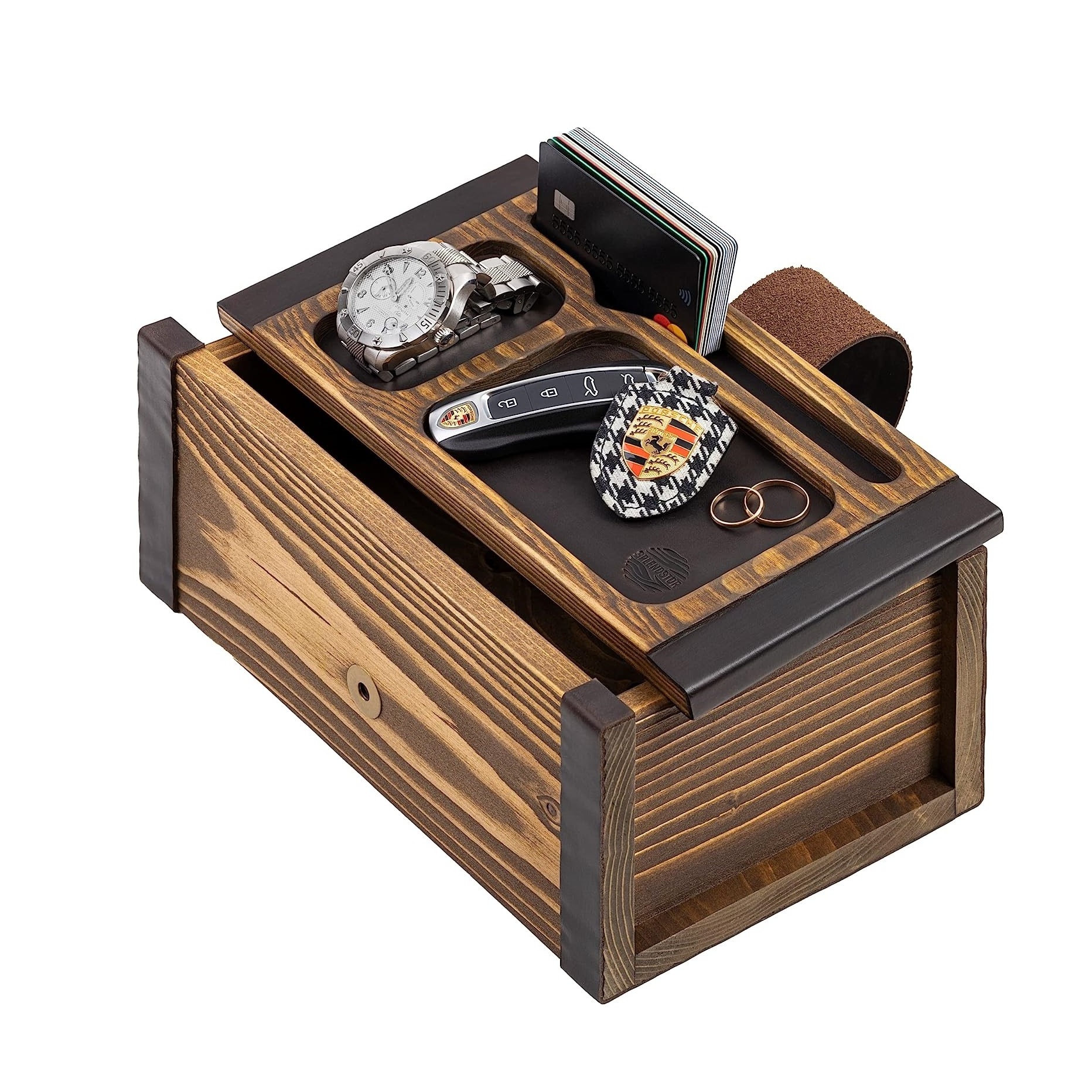 Decorative Wooden Box with Valet Tray Lid - Ideal Men Entryway Desk Organizer for Accessories Jewelry Watch Real Leather