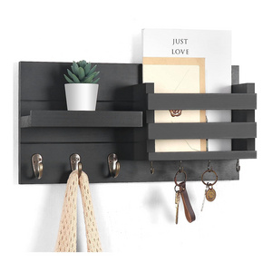 Mail Organizer for Wall Mount  Key Holder with Shelf Includes Letter Holder and Hooks for Coats, Dog Leashes  Rustic Wood