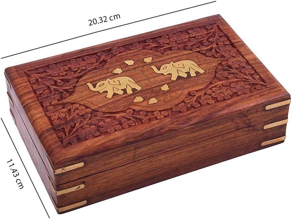 Indian Jewelry Holder Elephant Carving Wooden Jewellery Box With Brass Inlay Wooden Trinket Box Wood Jewelry Organizer Keepsake