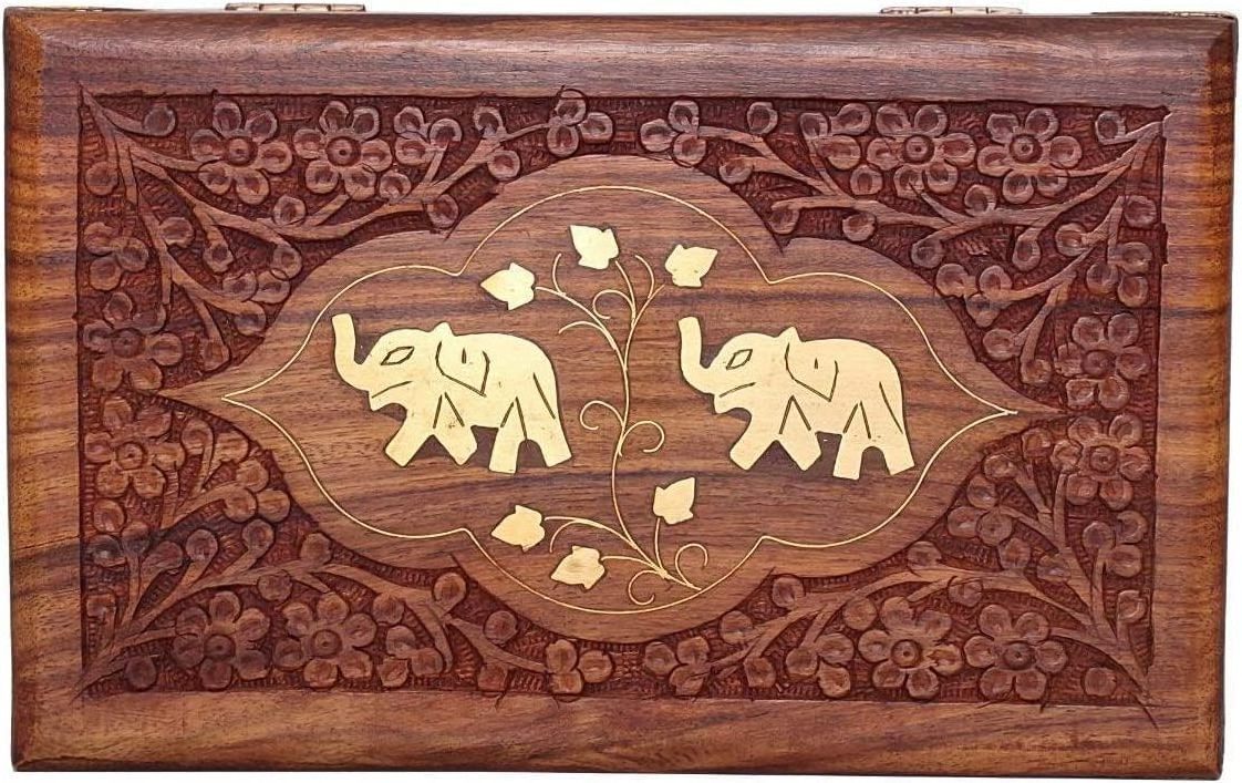 Indian Jewelry Holder Elephant Carving Wooden Jewellery Box With Brass Inlay Wooden Trinket Box Wood Jewelry Organizer Keepsake