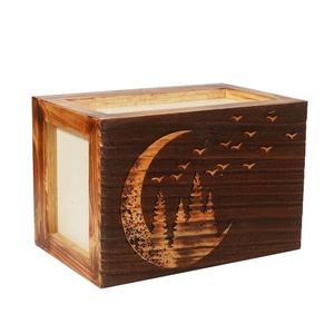 Pine Wood Top Engraved Wooden Cremation Urns for Human Ashes Adult Handcrafted Funeral Memorial Ashes Urn(Crescent Flying Bird)