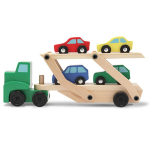 Car Carrier Truck and Wooden Toy Set With 1 Truck and 4 Cars Wooden Vehicle Toys Push And Go Wooden Trucks For Toddler