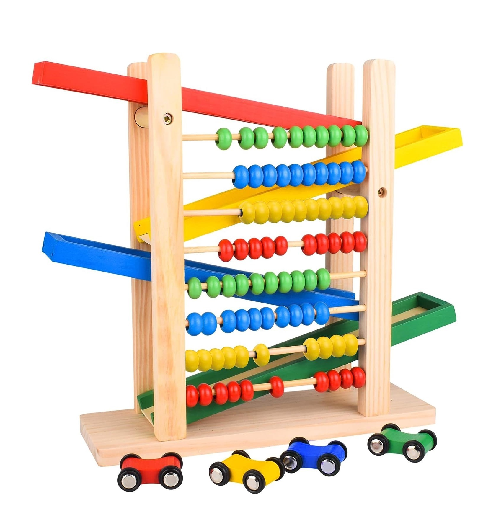 Montessori Toys Car Track for Toddlers 3-5 with 4 Cars and Abacus for Kids Math Wooden Cars Race