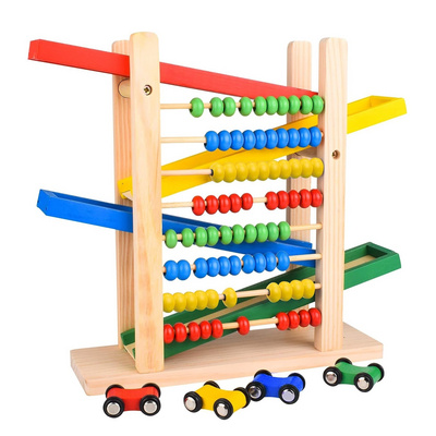 Montessori Toys Car Track for Toddlers 3-5 with 4 Cars and Abacus for Kids Math Wooden Cars Race