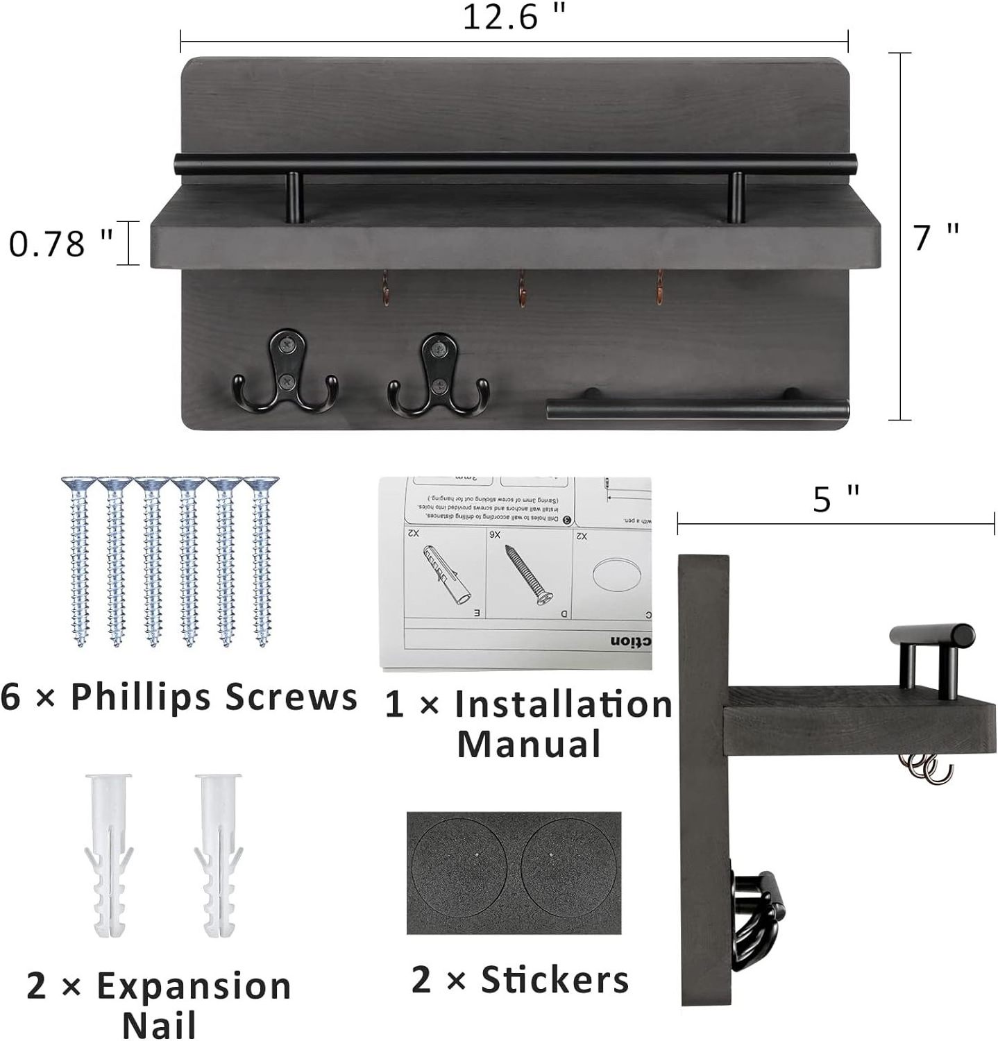 Key Holder for Wall Decorative with 5 Key Hooks, Wall Mounted Key Hangers for Wall with Mail Key Rack, Wooden Mail Organizer