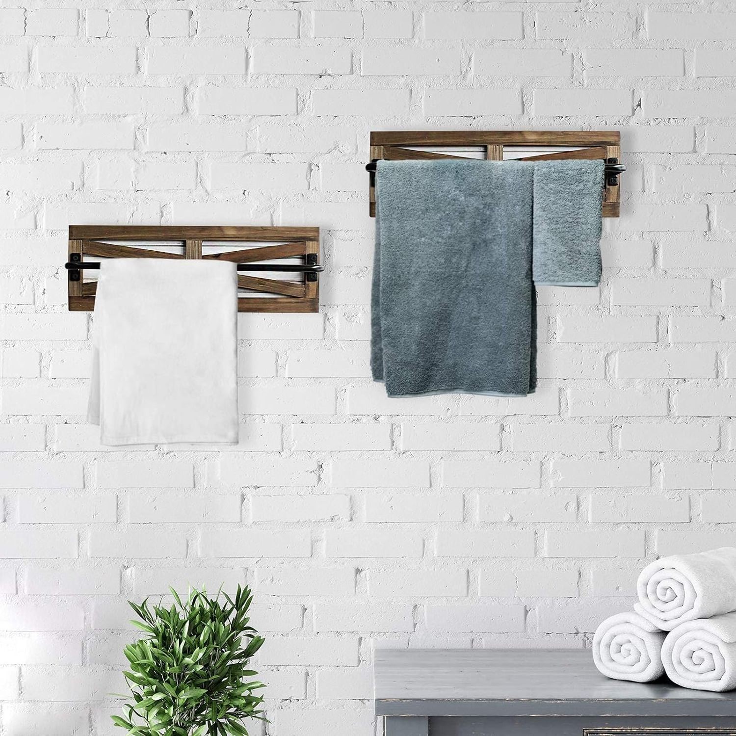 2PCS Rustic Towel Rack for Bathroom Wall Mounted Wood Hanging Bathroom Towel Holder and Organizer for Kitchen