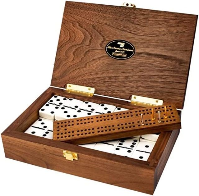 Double 6 Spinner Dominoes Set. Deluxe Dominos Set in American Made Luxury Walnut Case