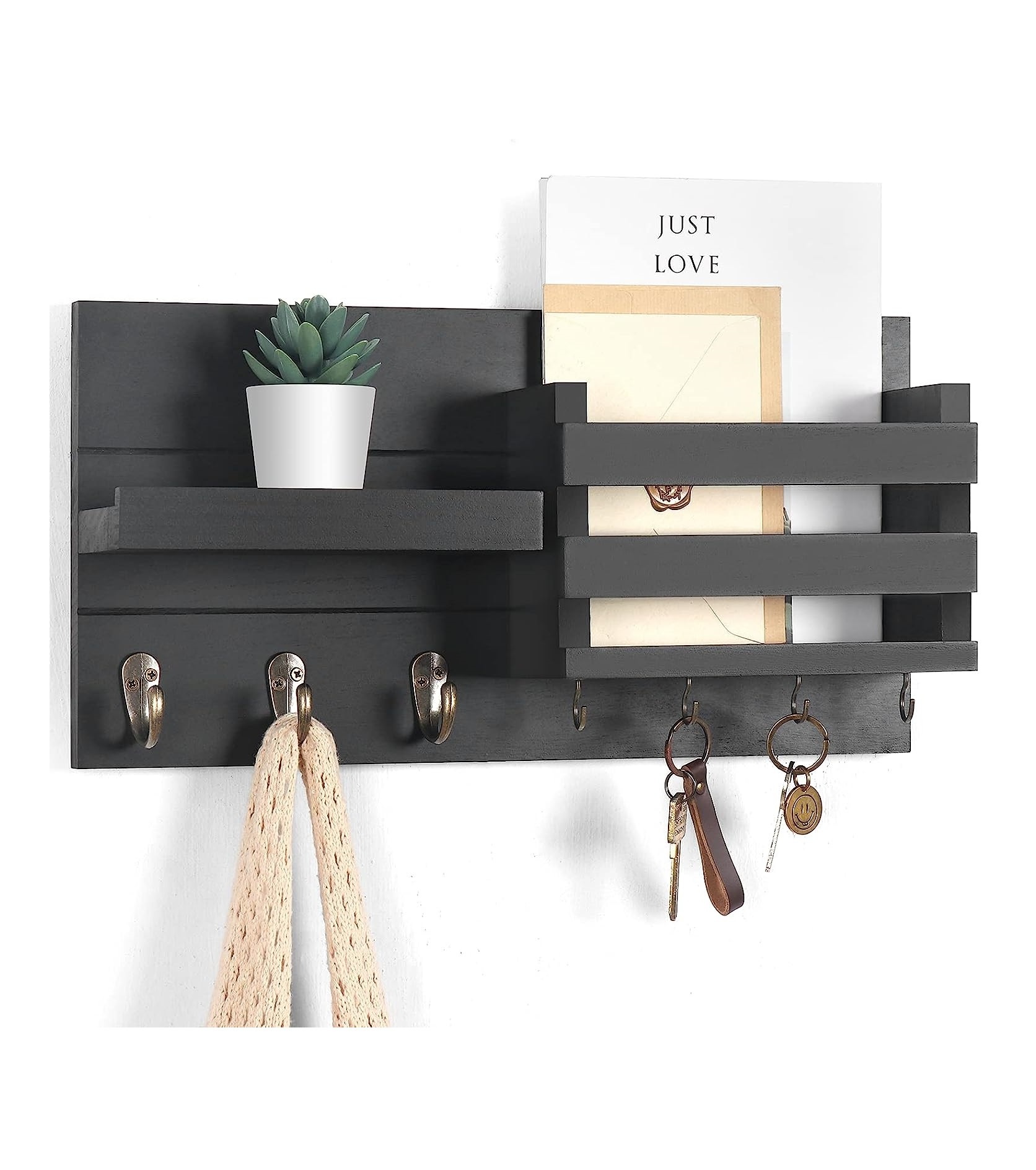 Mail Organizer for Wall Mount  Key Holder with Shelf Includes Letter Holder and Hooks for Coats, Dog Leashes  Rustic Wood