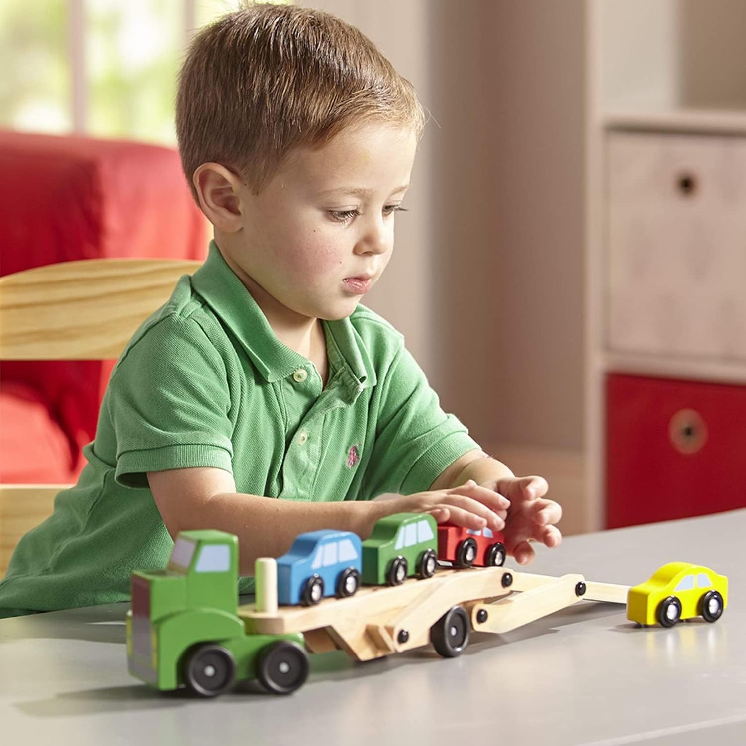 Car Carrier Truck and Wooden Toy Set With 1 Truck and 4 Cars Wooden Vehicle Toys Push And Go Wooden Trucks For Toddler