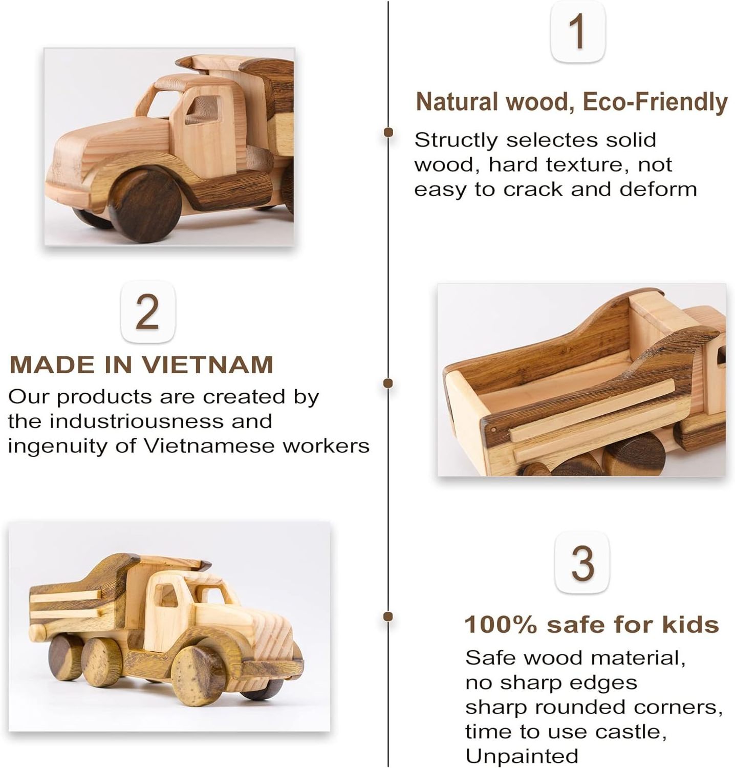 Wooden Truck Toys Car for Toddlers Unpainted Safe to Play Handmade in Vietnam (Truck)