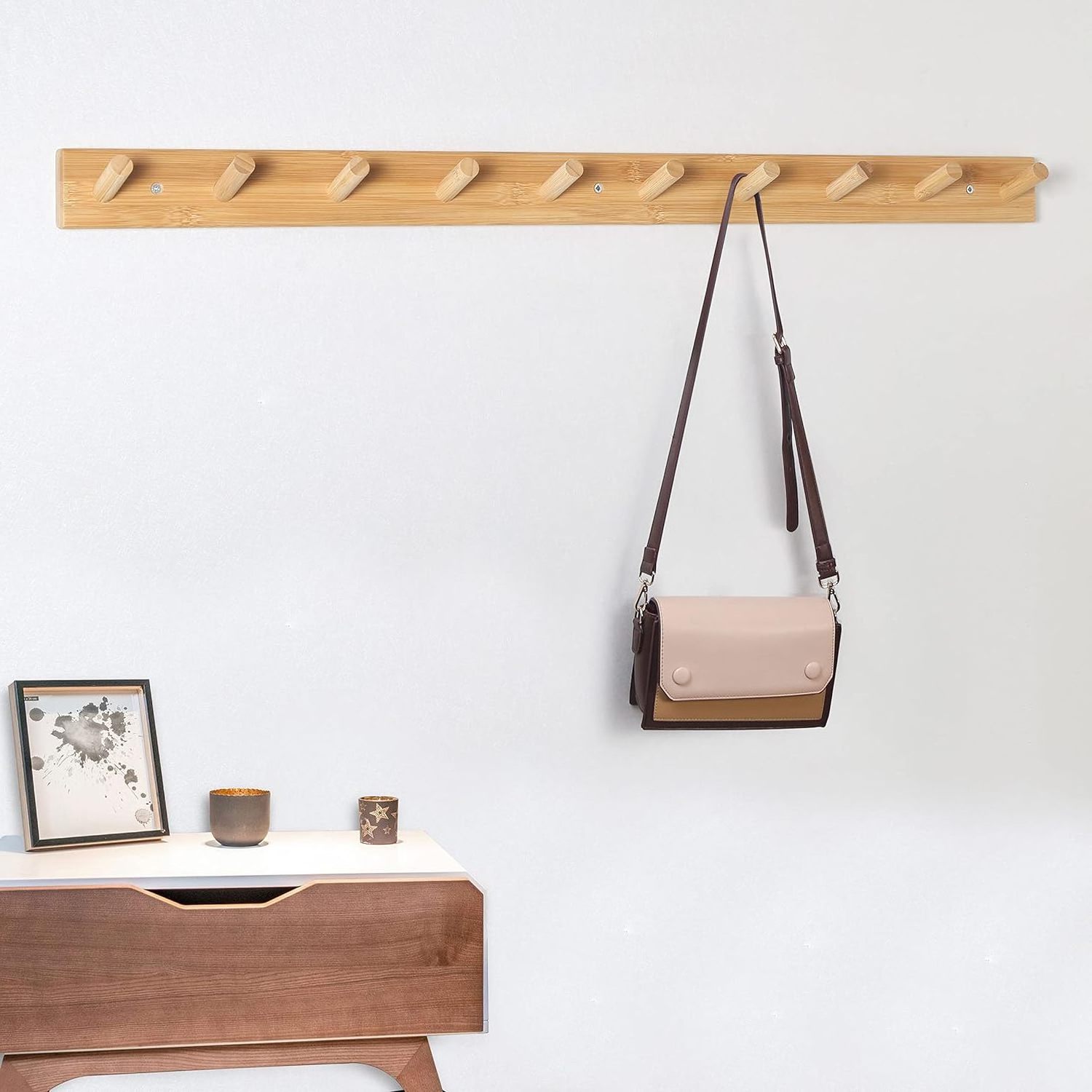 Wood Coat Rack Wall Mounted 10 Peg Long Bamboo Hook for Hanging Backpack Coat Towel Hat16'' Hole to Hole Natural