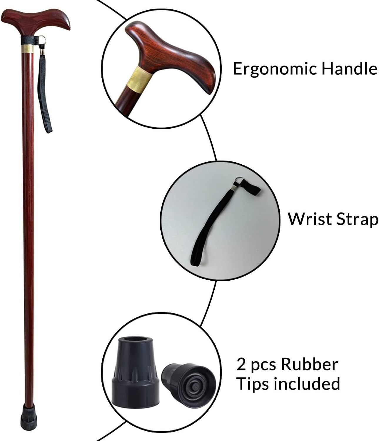 Handmade Wooden Walking Cane for Men Women Classy Stylish Wood Walking Sticks with Wrist Strap and Rubber Tips Heavy Duty