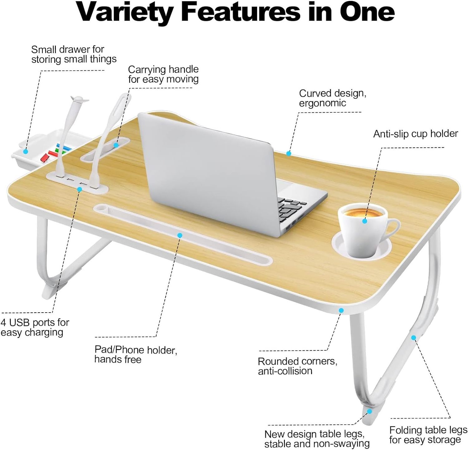 Laptop Bed Desk Table Tray with USB Charge Port Cup Holder and Storage Drawer Portable Laptop Stand for Bed Sofa