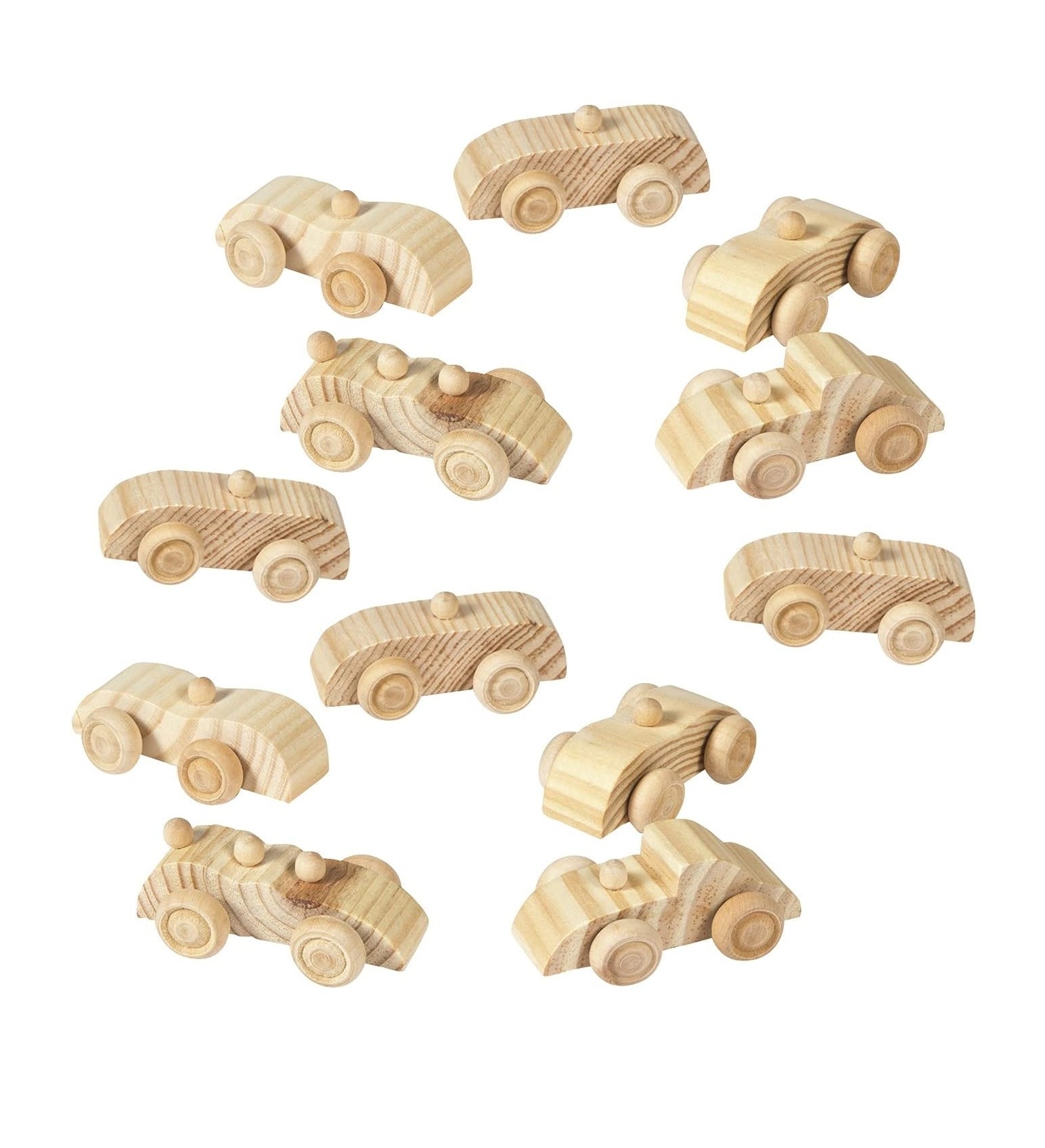 Unfinished Paintable Wooden Cars Set of 12 - DIY Toys and Wood Crafts for Kids Party Favors and Activities