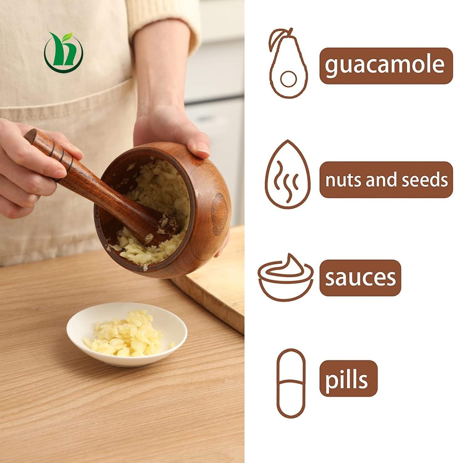 Wood Mortar and Pestle Set Wood Grinder Bowl for Guacamole, Salsa, Herb Crusher and Pill Manual Bowl Seasonings Pill Crusher