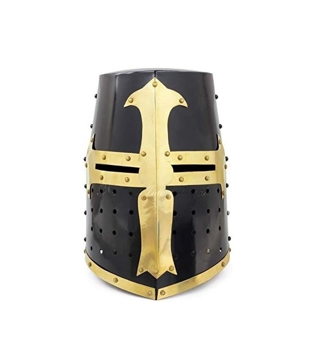 Medieval Knight Crusader Templar Helmet Black Mason Brass Cross With Liner | Halloween Party Costume Face Mask Helmets