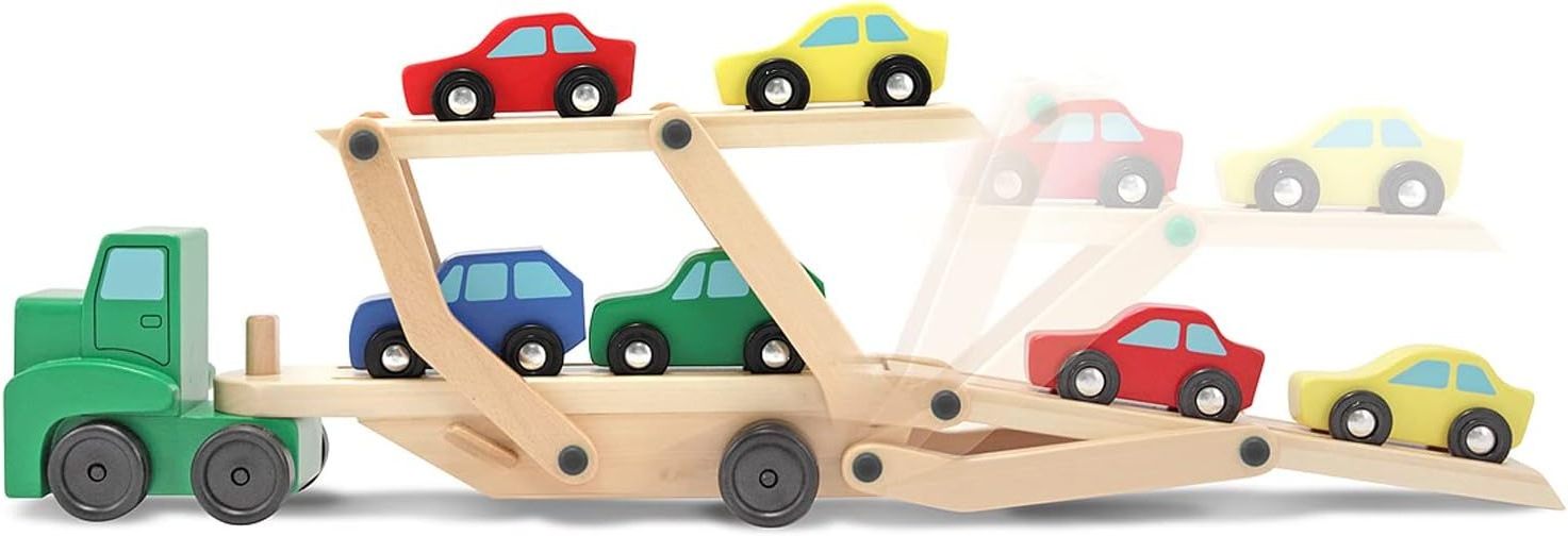 Car Carrier Truck and Wooden Toy Set With 1 Truck and 4 Cars Wooden Vehicle Toys Push And Go Wooden Trucks For Toddler