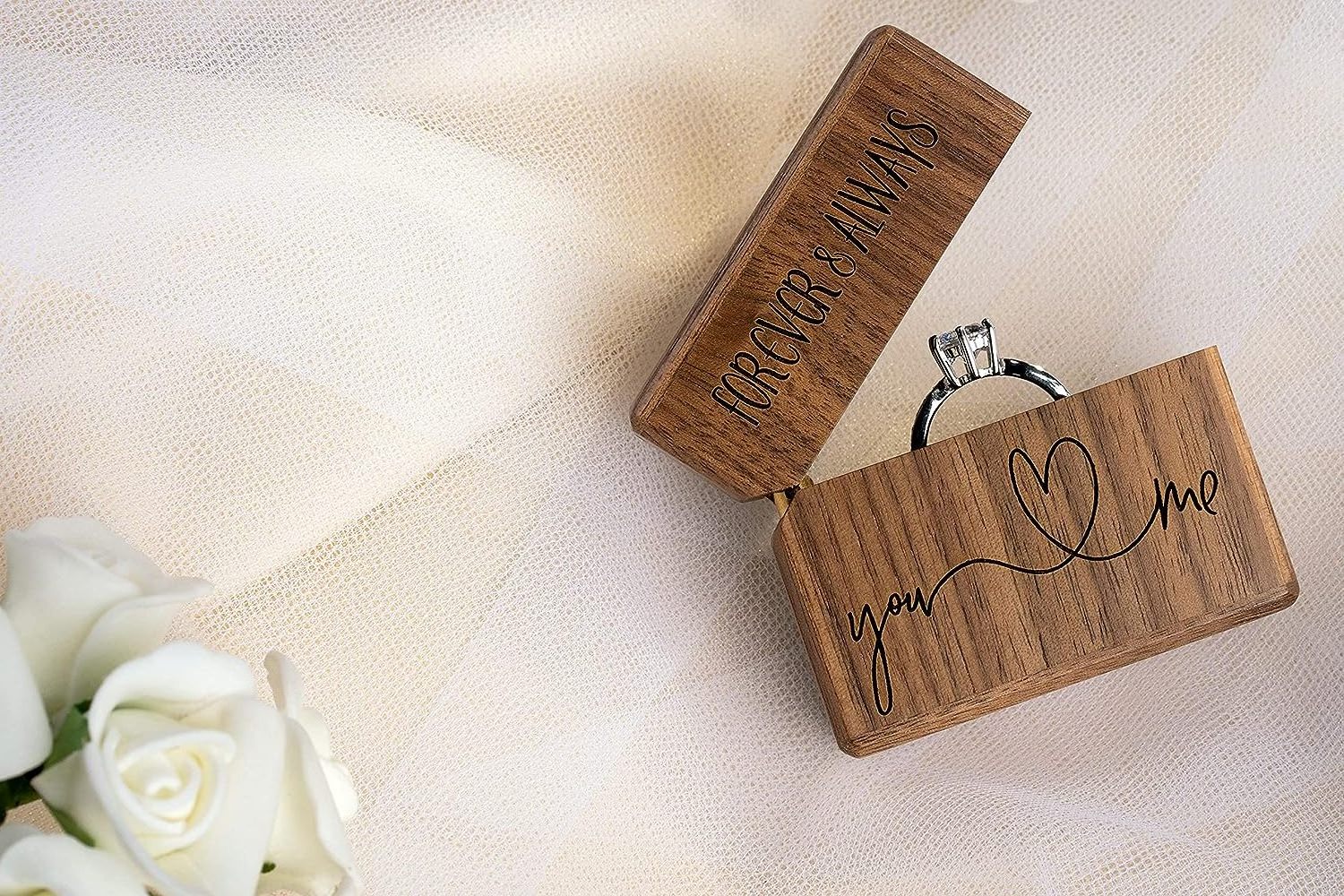 Engagement Ring Box for Proposal Slim Pocket Size Walnut Wooden Lighter Ring Box Engraved (Forever and Always You and Me)