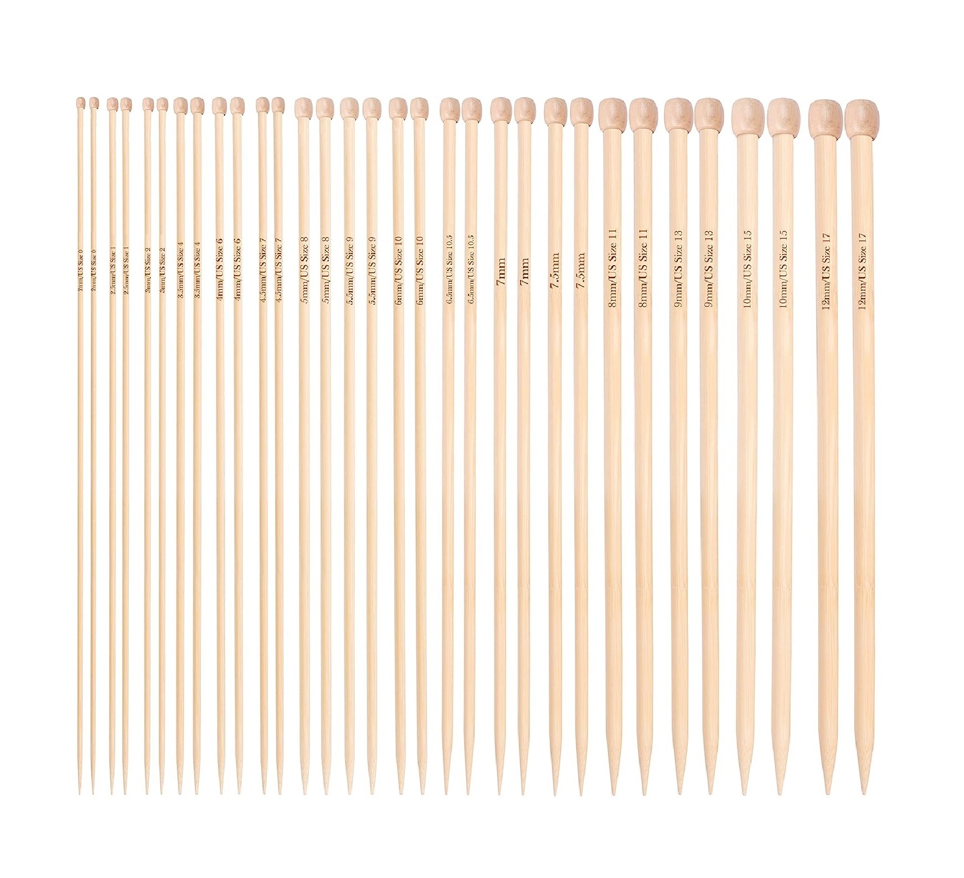 Bamboo Knitting Needle Set - 16 Pairs of Wooden Straight Knitting Needles with Storage Case - Single Pointed