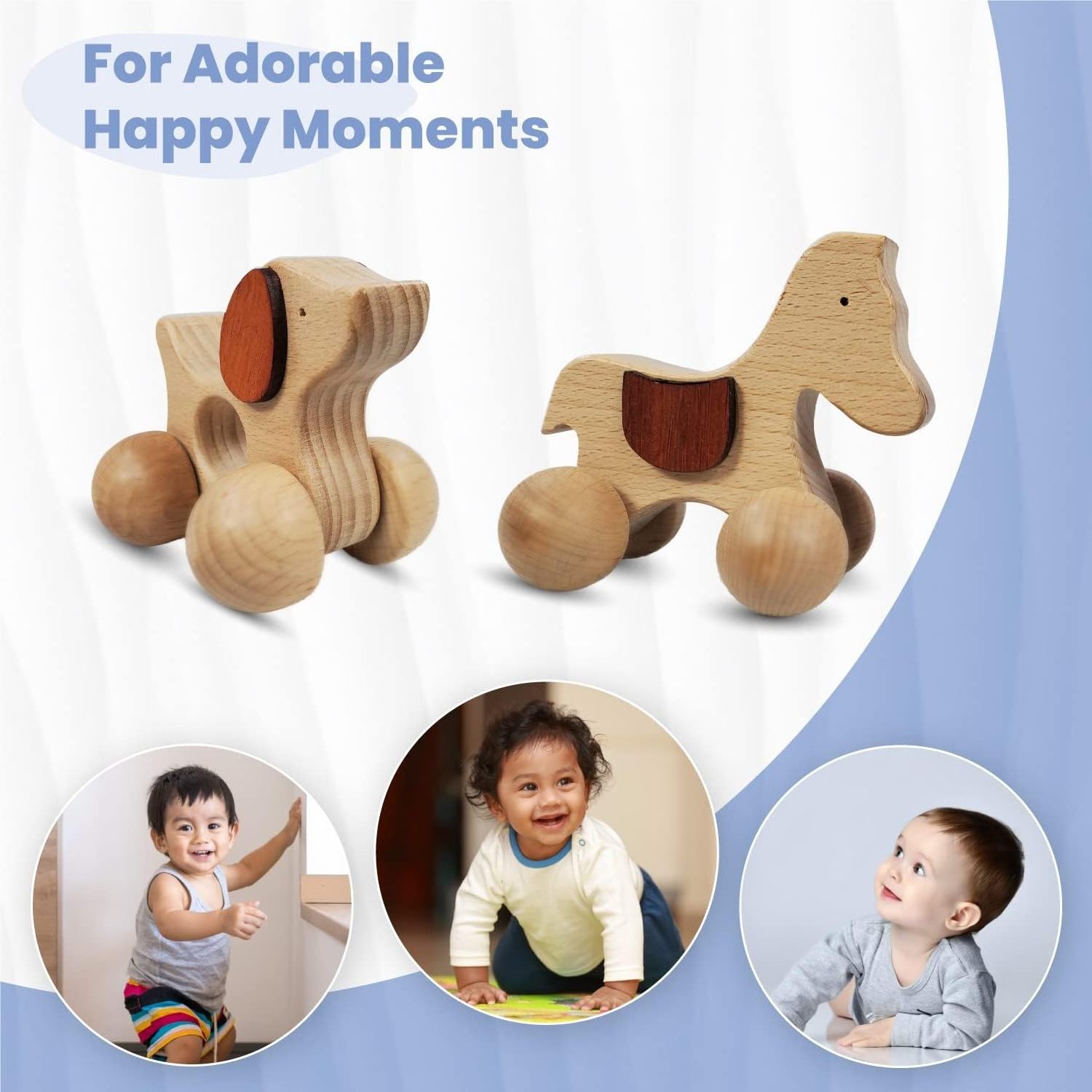 Wooden Animal Push Toy with Wheels for Baby Toddler Grasping & Teething Montessori Wood Animal Car for Motor Smooth (Pack of 2)