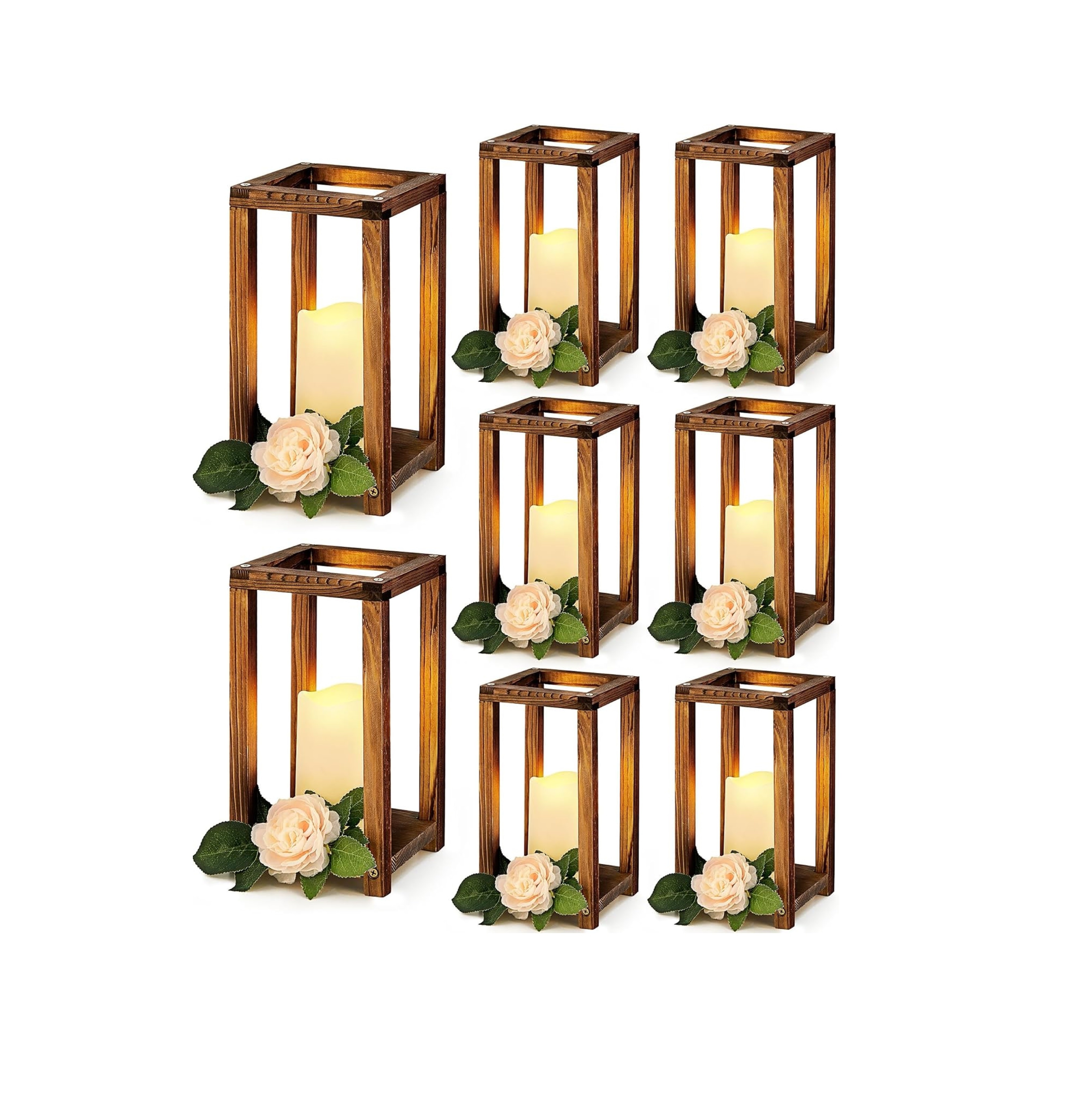 16 Pcs Wooden Candle Lantern Set Includes 8 Rustic Wedding Centerpieces for Table Farmhouse Wooden Candle Holder and 8 Flameless