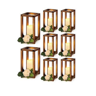 16 Pcs Wooden Candle Lantern Set Includes 8 Rustic Wedding Centerpieces for Table Farmhouse Wooden Candle Holder and 8 Flameless