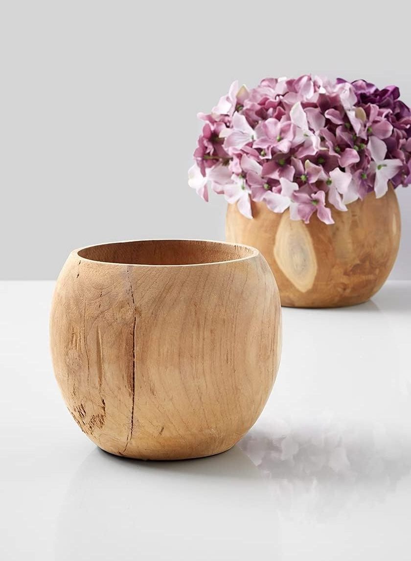 Handmade Natural Teak Vase Fish-Bowl Shaped Wood Vase Rustic Wood Planter Bowl Decorative Centerpiece for Home Weddings