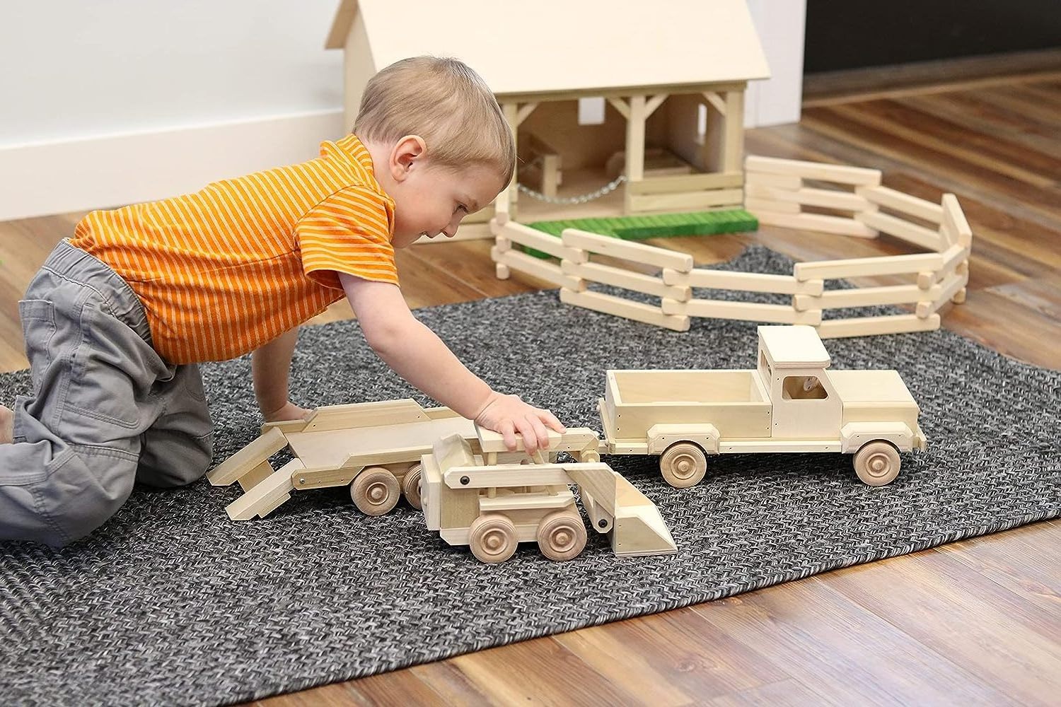 Wooden Toy Pickup Truck and Flatbed Trailer with Skidloader Set Wooden Truck Toys Car for Toddlers Unpainted Safe to Play