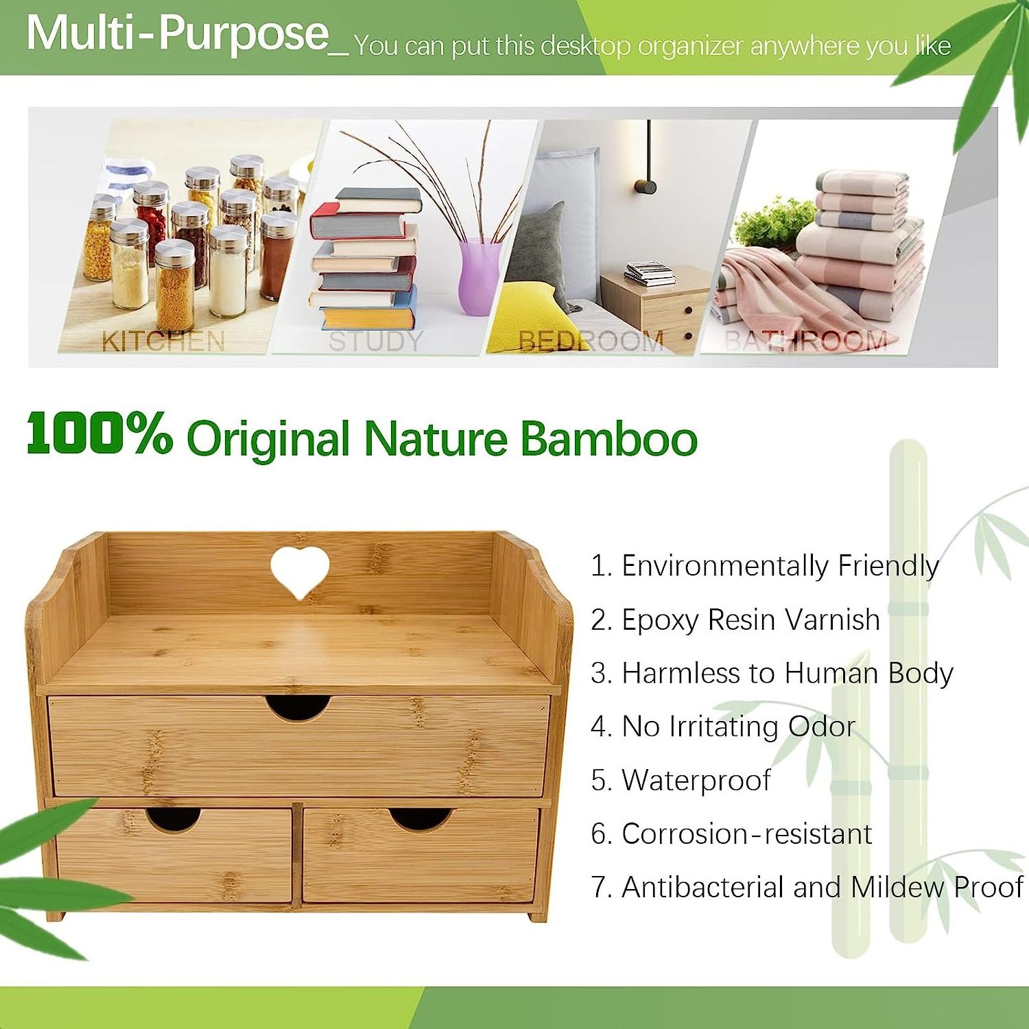 Bamboo Desk Organizer with Drawers, Tabletop Desk Organizer Bamboo Desk Organizers and Storage - Mini Bamboo Tabletop