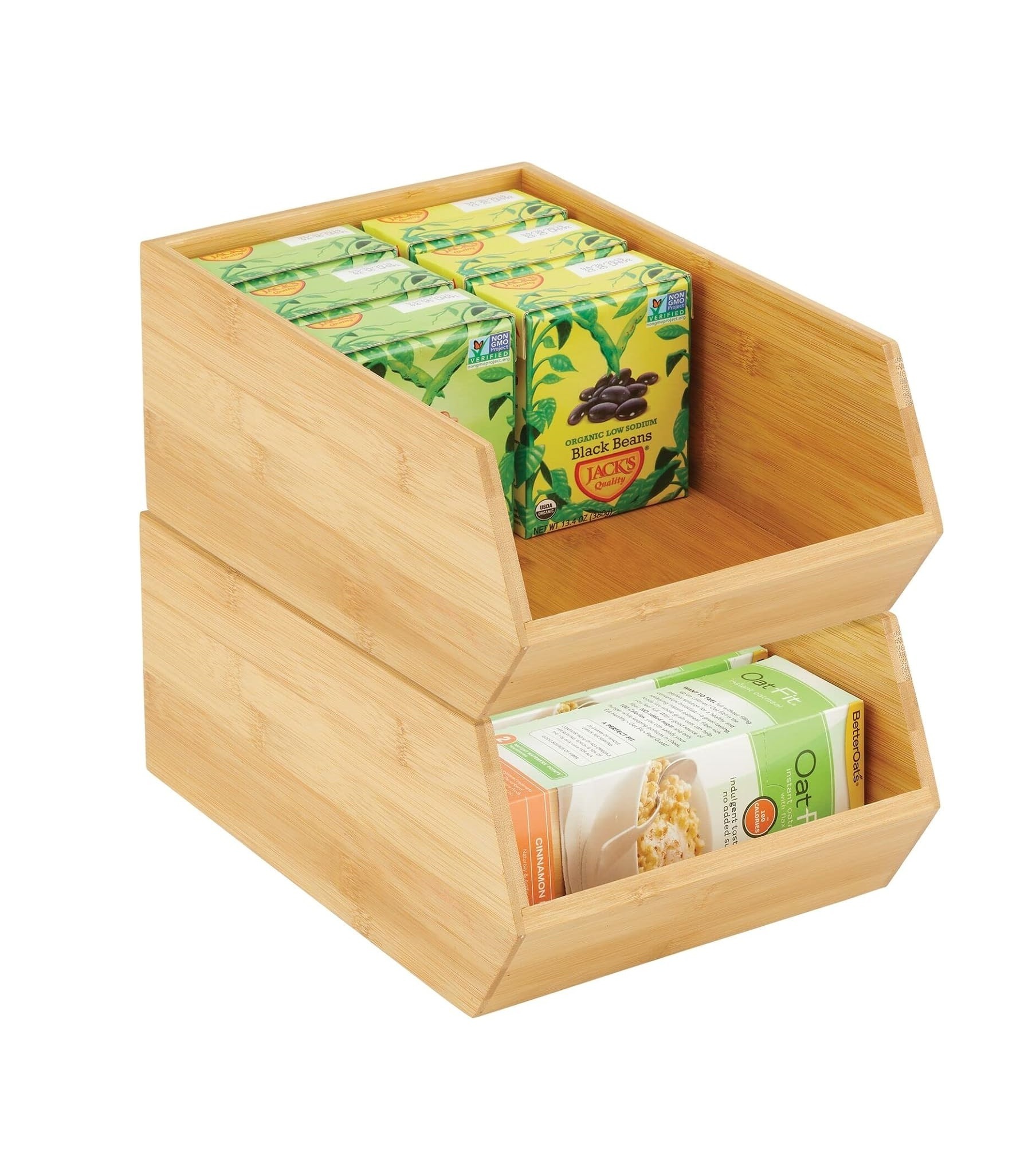 Bamboo Stackable Food Storage Organization Bin Basket - Wide Open Front for Kitchen Cabinets Pantry Offices Closets Holds