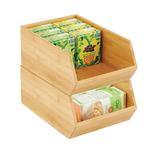 Bamboo Stackable Food Storage Organization Bin Basket - Wide Open Front for Kitchen Cabinets Pantry Offices Closets Holds