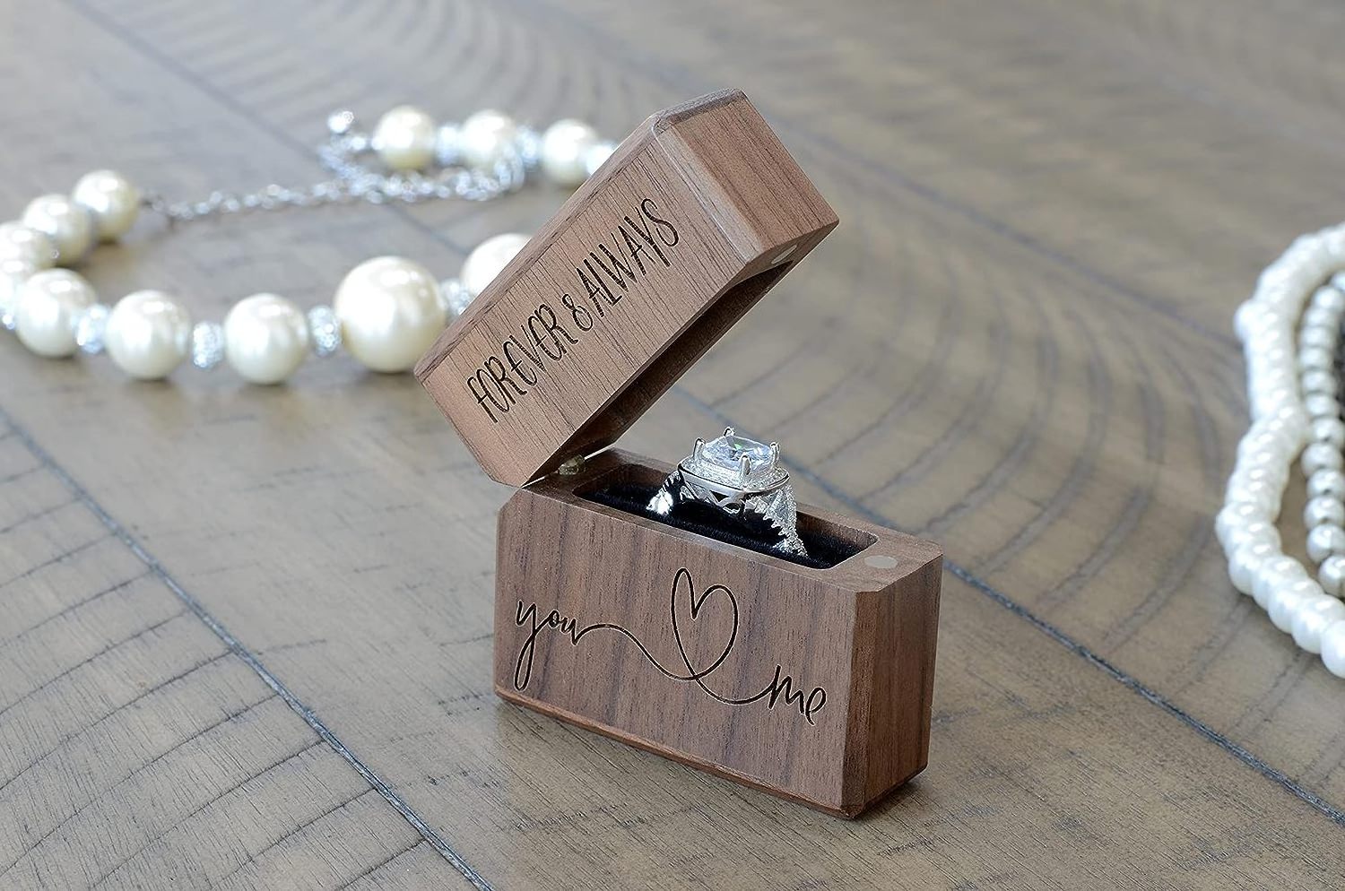 Engagement Ring Box for Proposal Slim Pocket Size Walnut Wooden Lighter Ring Box Engraved (Forever and Always You and Me)