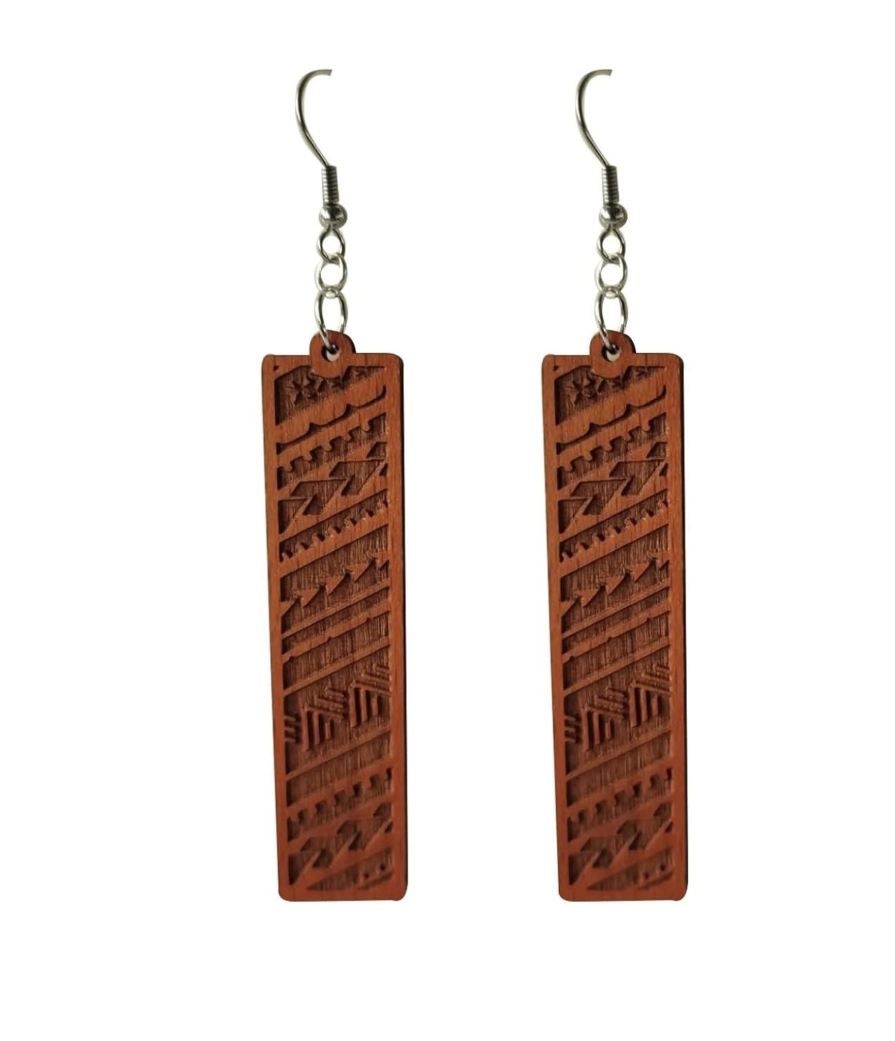 45mm Natural Wood Carved Hawaiian Polynesian Dangle Dangling Hypoallergenic Surgical Steel Hook Earrings Jewelry Vintage