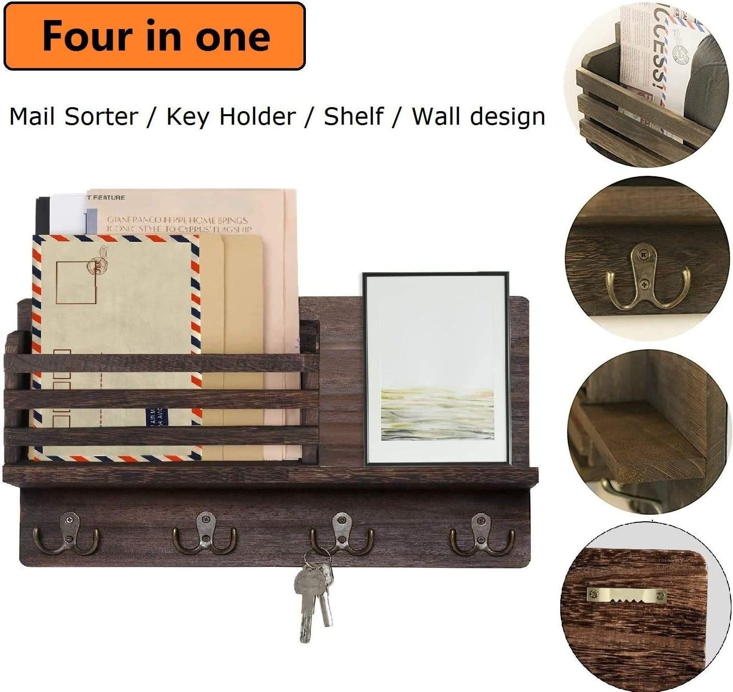 Wooden Wall Mounted Mail and Key Holder Mail Letter Sorter Organizer Rack Hanging with 4 Double Key Hooks Rack Floating