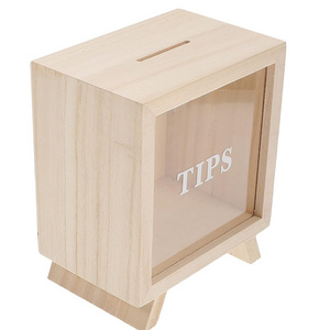 Wooden Tips Box Clear Piggy Banks Shadow Box Display Case Money Bank Wood Frame Coin Box Cash Storage Container Money Jar