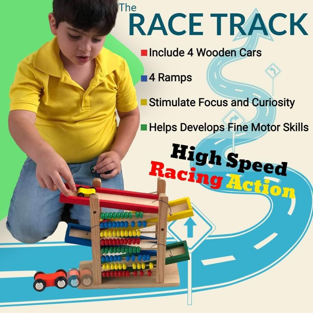 Montessori Toys Car Track for Toddlers 3-5 with 4 Cars and Abacus for Kids Math Wooden Cars Race