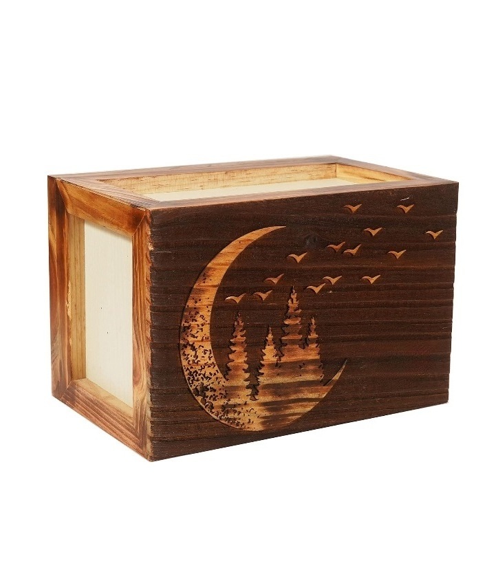 Pine Wood Top Engraved Wooden Cremation Urns for Human Ashes Adult Handcrafted Funeral Memorial Ashes Urn(Crescent Flying Bird)