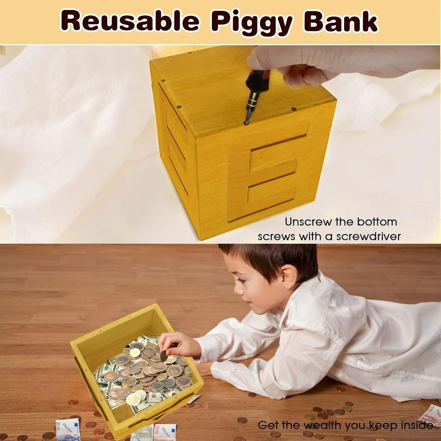 Money Box for Cash/Kids Large Wooden Coin Bank for Boys Girls Letter Money Bank Perfect Piggy Bank Gift for Birthday Christmas