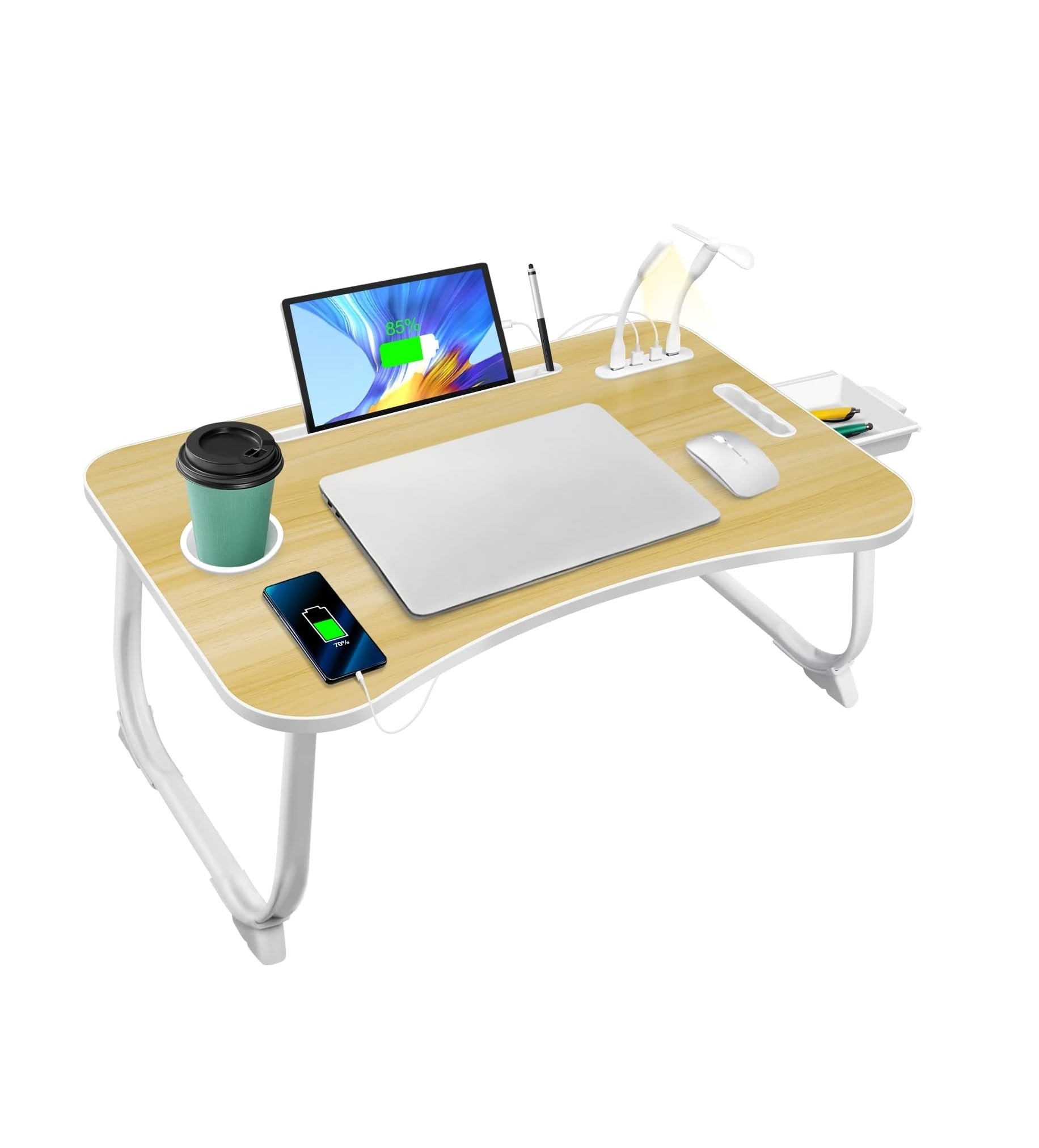 Laptop Bed Desk Table Tray with USB Charge Port Cup Holder and Storage Drawer Portable Laptop Stand for Bed Sofa