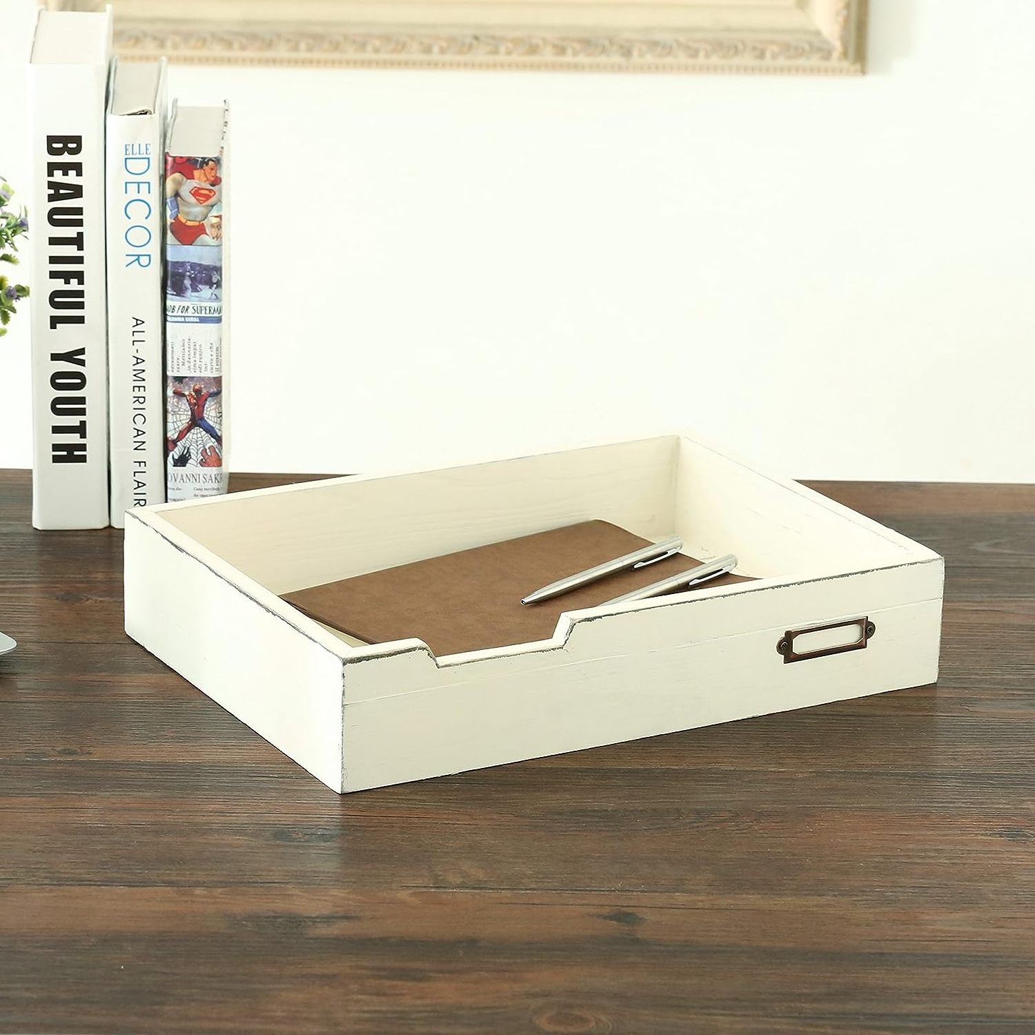 Stackable Vintage White Wood Paper Tray Office Desktop Supplies, File & Document Storage Letter Tray with Label Holder