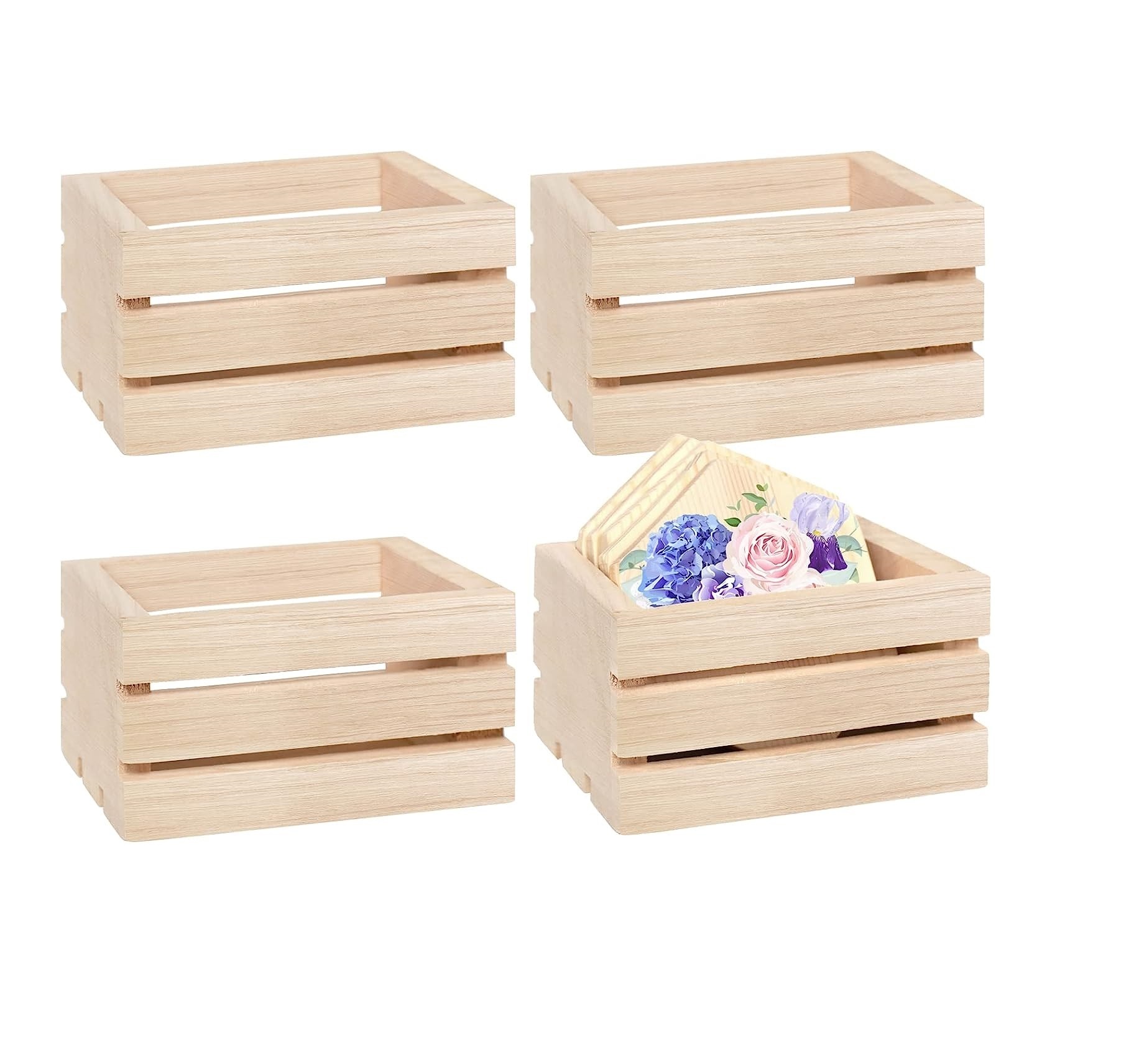 4 Pack Mini Rustic Wooden Crates, Decorative Crates Unfinished Wood Box, Crate Storage Box for Kitchen